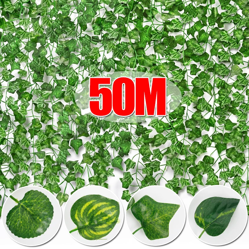 

50/2M Artificial Plant Green Ivy Leaf Garland Hanging Vines Outdoor Greenery Wall Decor DIY Fake Wreath Leaves Home Party Decor