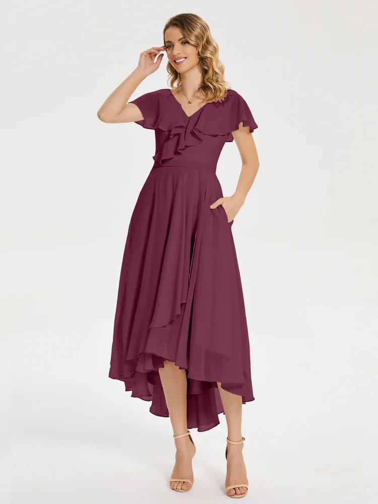 New Product A-Line V Neckline Short Sleeves Floor-Length Chiffon Bridesmaid Dress Elegant Zipper Back Gowns For Wedding Guests