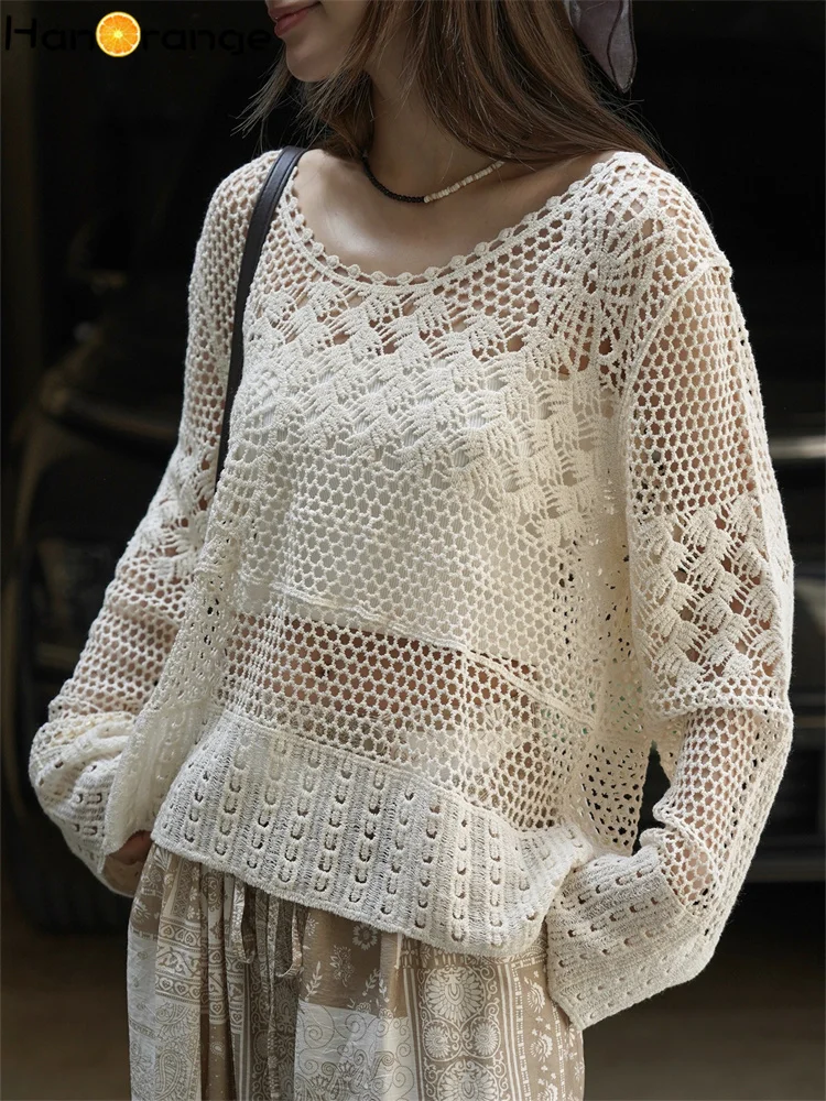 HanOrange 2026 Summer Lazy Heavy Feeling Hook Flower Hollow Knitted Sweatshirt Women Warm Skin Friendly Knitting Top Apricot