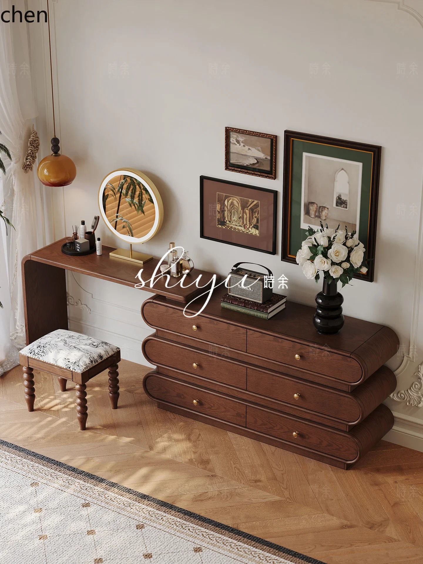 HT Vintage Corner Makeup Table Bedroom Solid Wood Dressing Table Cabinet Chest of Drawers