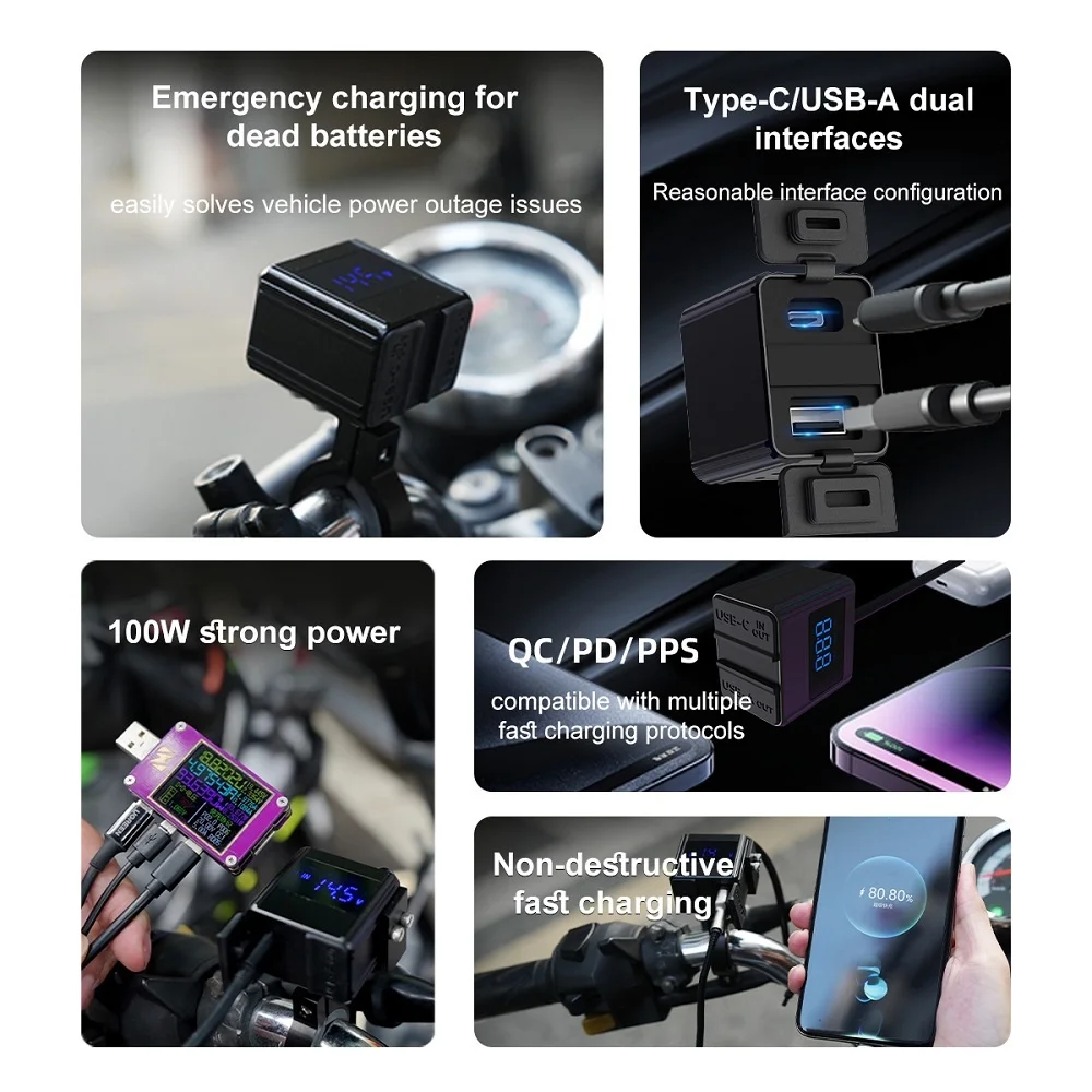 100W Motorcycle USB Charger, PD USB-C & QC3.0 USB-A Fast Charging, Bidirectional 12V Battery Charger with LED Voltmeter, Waterproof Handlebar Mount
