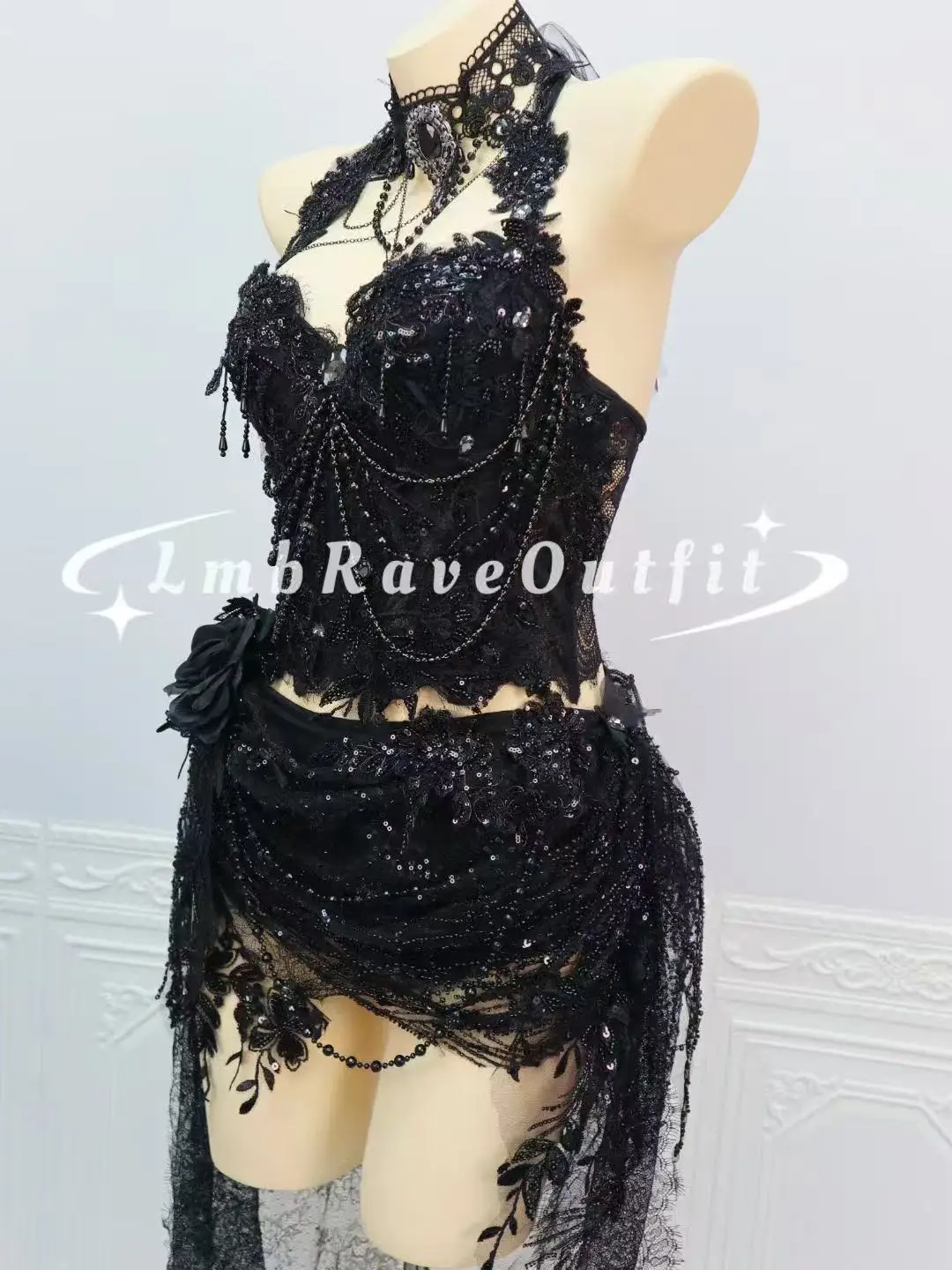 Sexy Black Rose Flower Lace Pearl Tassel Shiny Diamond Bikini Dress DJ Bar Nightclub Singer Dance Stage Party Prom Birthday Wear view 5