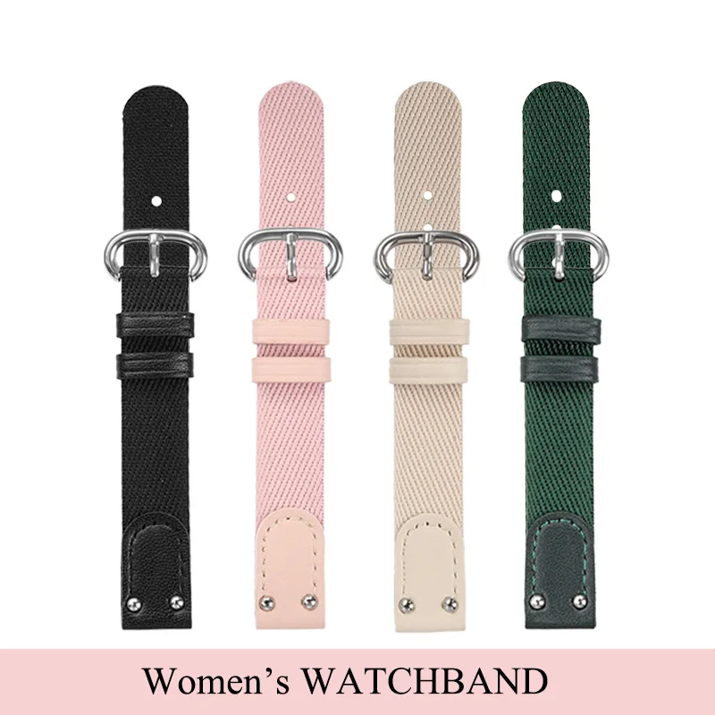 12mm 14mm Universal Nylon canvas Straight joint strap Black pink khaki green women’s watchband with rivet silver pin buckle tool