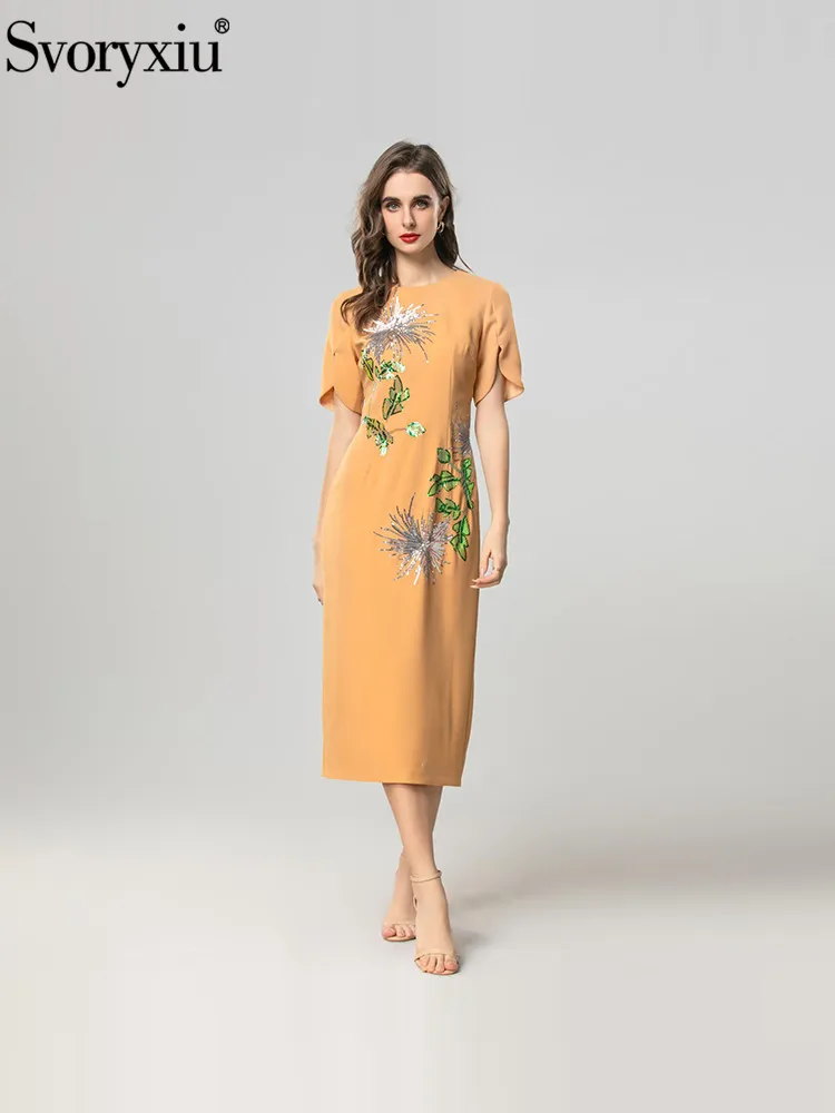 

Svoryxiu Summer Party Fashion Midi Pencil Dress Women's O-Neck Short Sleeve Gorgeous Sequins High Waist Dresses