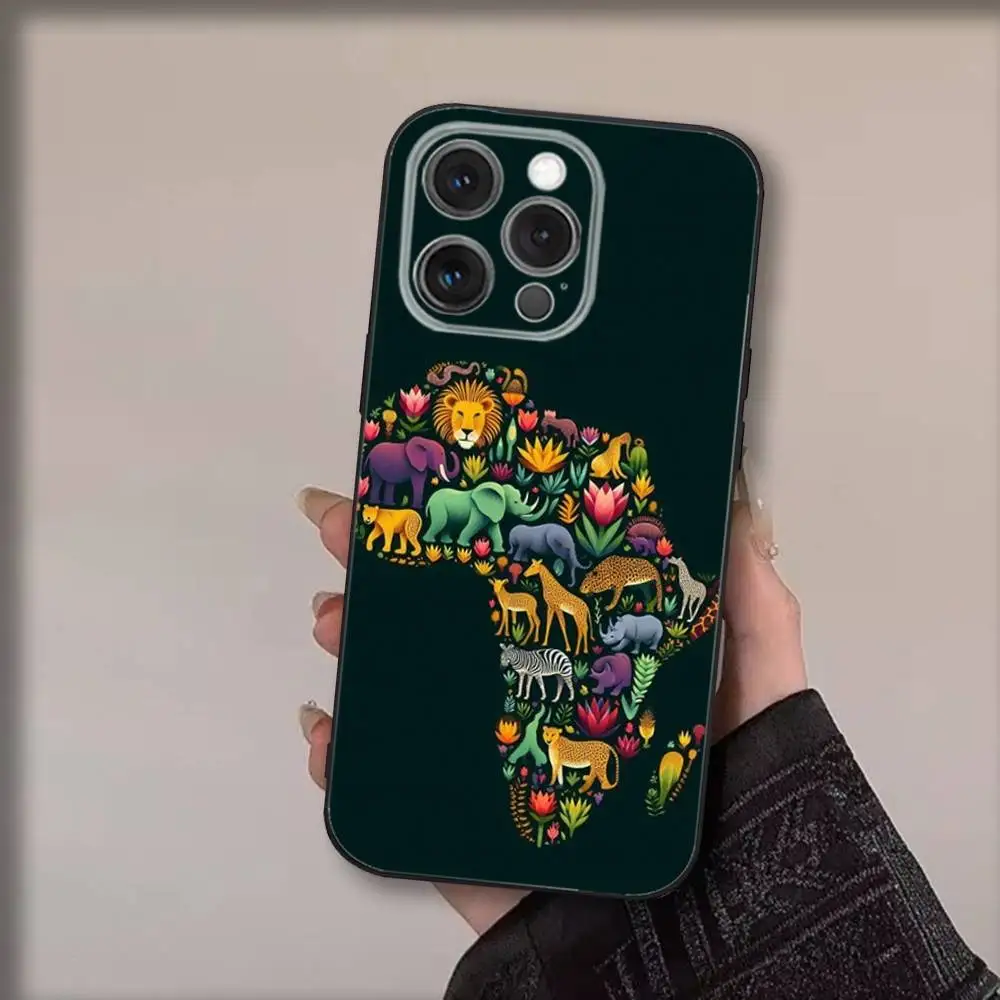 حافظة هاتف Geogra لخريطة أفريقيا لهاتف iPhone16,15,14,13,12,11,Pro,Max,Plus,X,XS,SE4,E,Mini,Soft Black Case