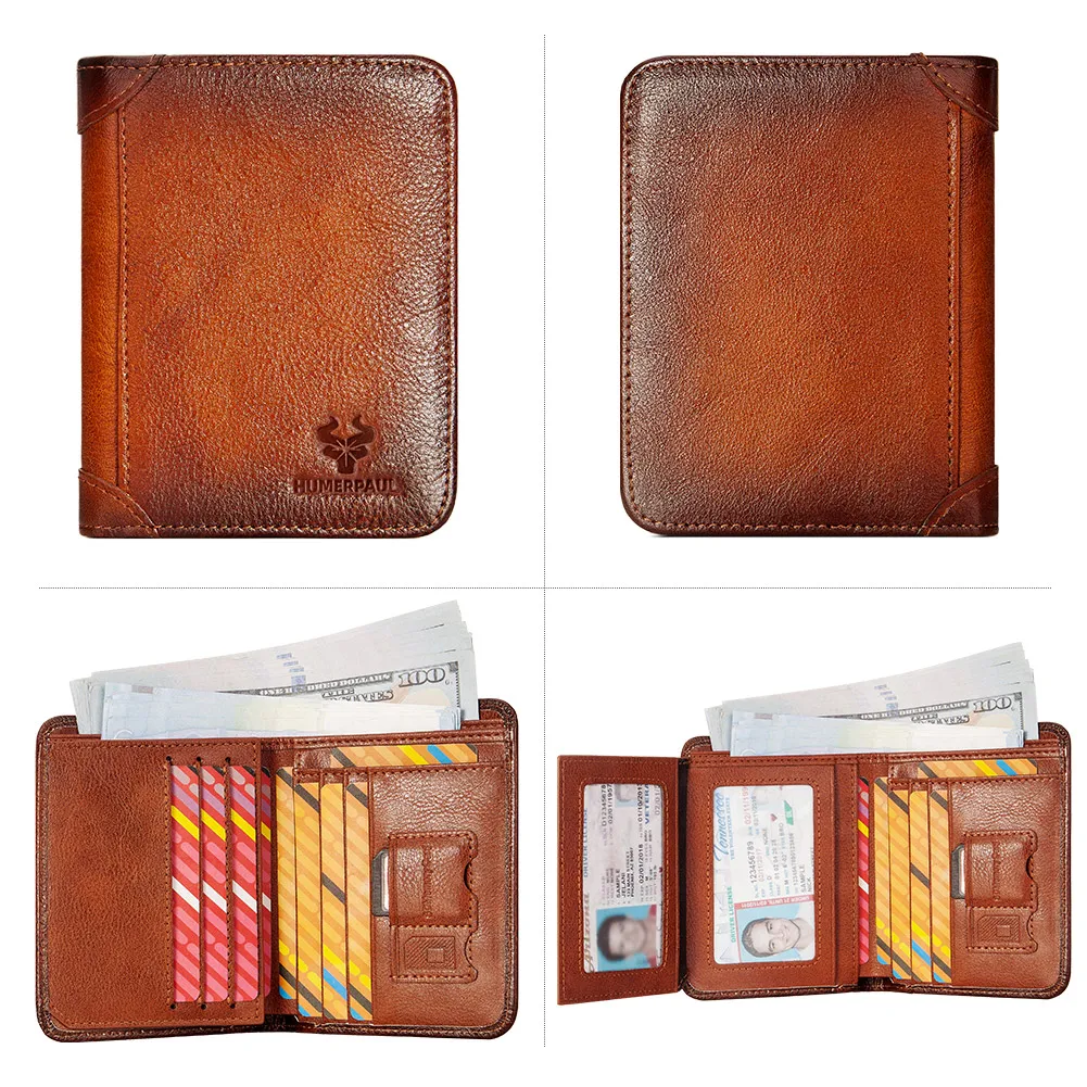 Genuine Leather RFID Protect Wallet for Men Slim Trifold Front Pocket Money Bag Anti-theft Brush Head Layer Cowhide Card Holder