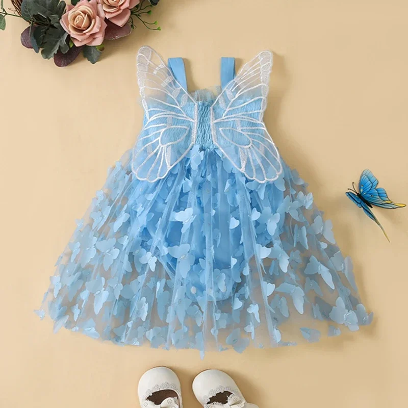 Lovely Infant Baby Girl Summer Romper Dress Sleeveless Butterfly Back 3D Butterfly Princess Birthday Party Jumpsuits Tulle Dress