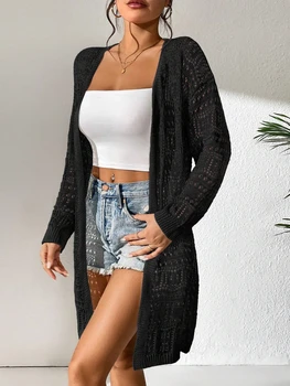 Women White Crochet Cardigan Long Sleeve Openwork Knit Sweater Summer Beach Cover Up Boho Hollow Out Kimono Duster Coat 4