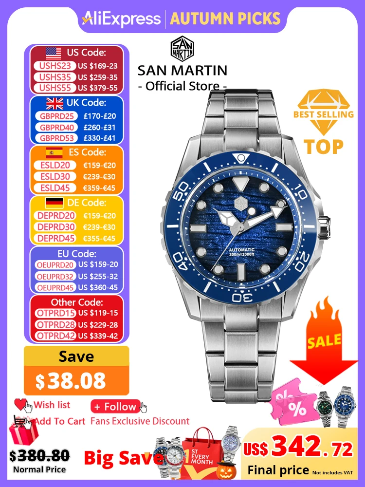 San Martin 40mm Luxury Men Diver Watch Enamel Wave Dial ST2130 Classic Automatic Mechanical Watches Lume Waterproof 300m SN0154