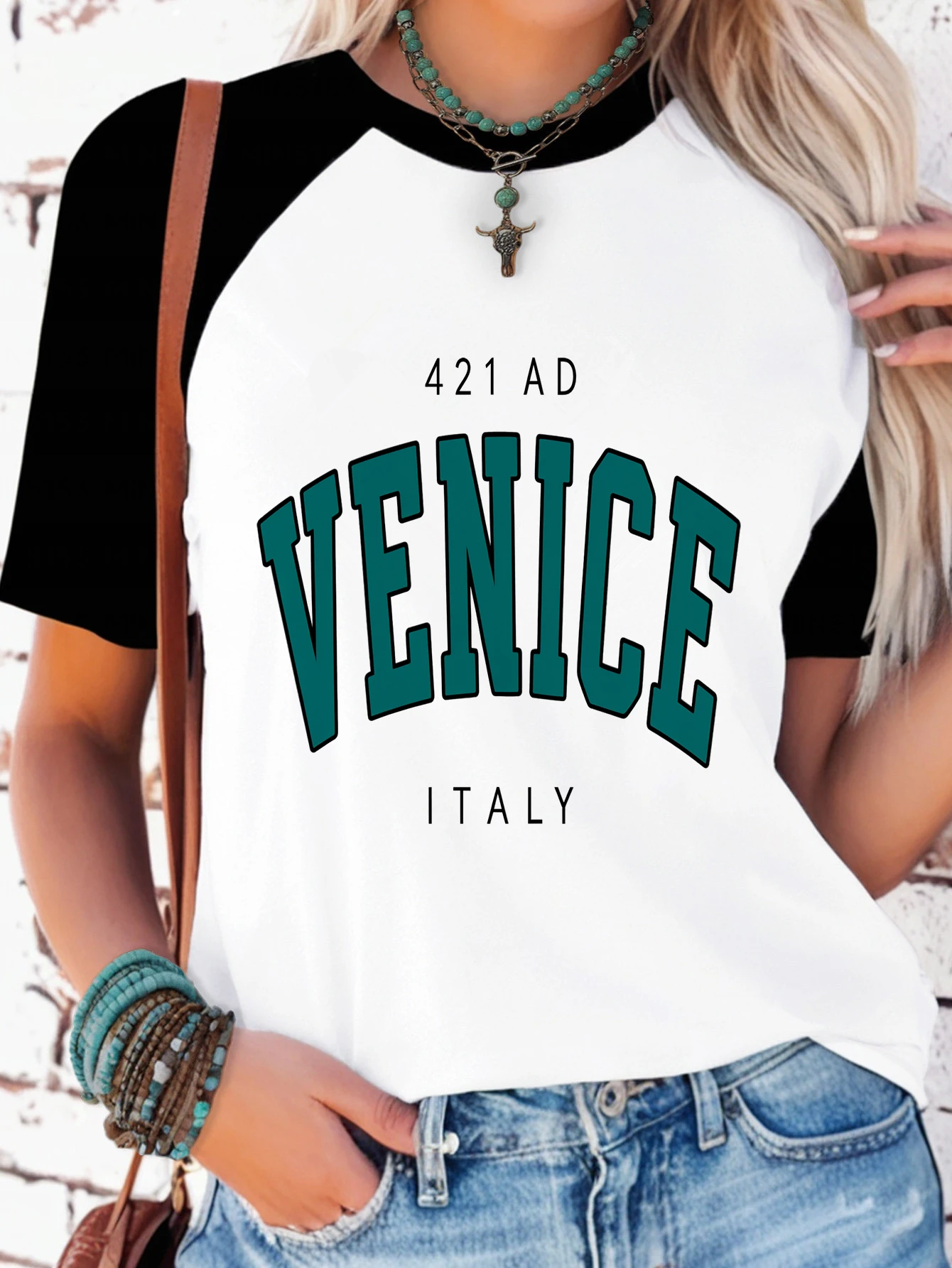 Women's Vintage Style T Shirt New Fashion Circle Venice Text Print Harajuku Trend Tops T-shirt Casual Clothes Outfit Streetwear