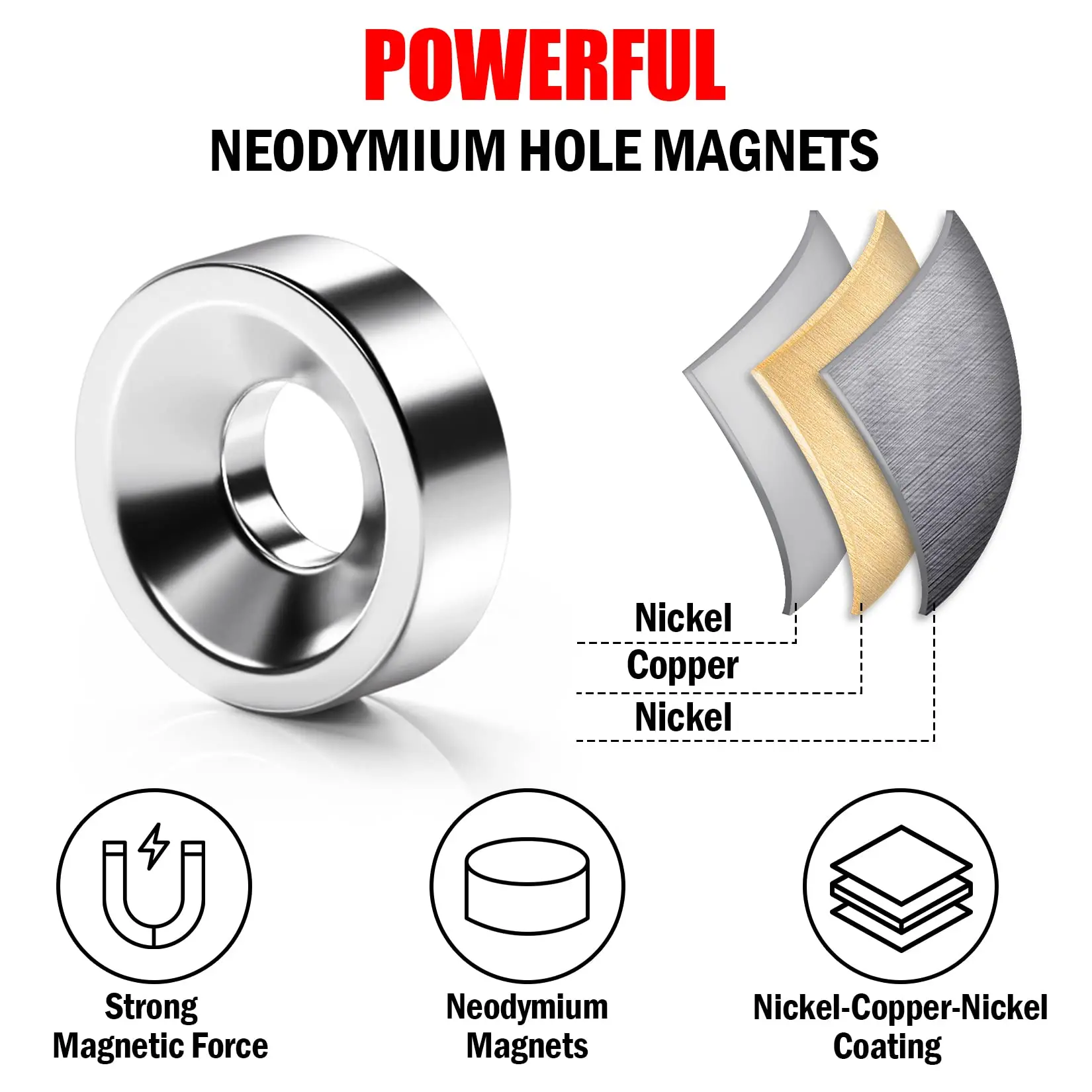 D15MM Neodymium Magnet with Hole, Powerful Permanent Rare Earth Countersunk Head Hole Magnet, Suitable for Refrigerators, Cruise