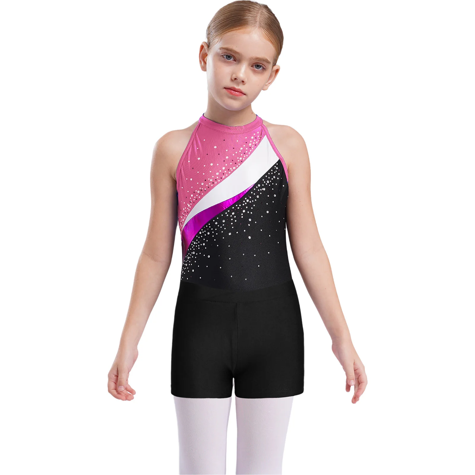 Kinder Mädchen Strass Ballett Trikots Gymnastik Bodysuit mit Shorts unten Set Bühne Leistung ärmellose Workout Dance Wear