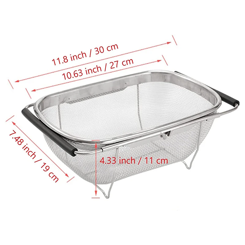 Stainless Steel Telescopic Drainage Basket Rubber Handle Oval Shaped Colander Sink Vegetable Drainage Rack Storage Basket