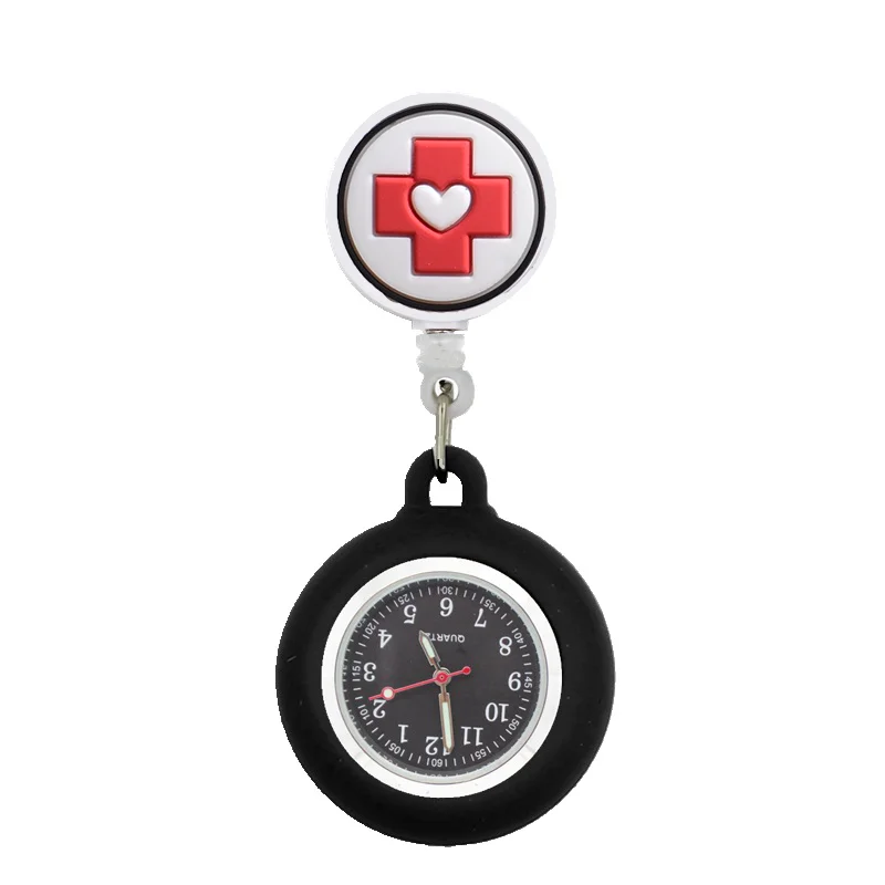 YiJia Cartoon Medical Retractable Badge Reel Quartz Red Cross Nurse Pocket Watch with Silicone Case and Luminous Pointer