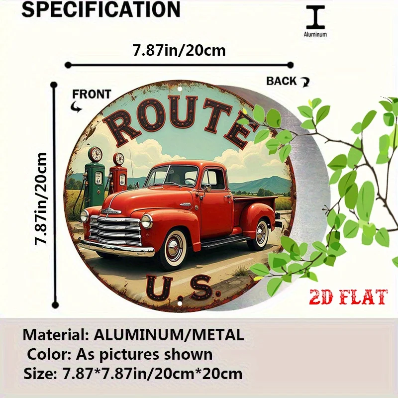 Placa de Parede Metálica Vintage 2D - Sinal de Posto Retro com Caminhão Vermelho Garagem e Café para Decoração de Man- Decoração