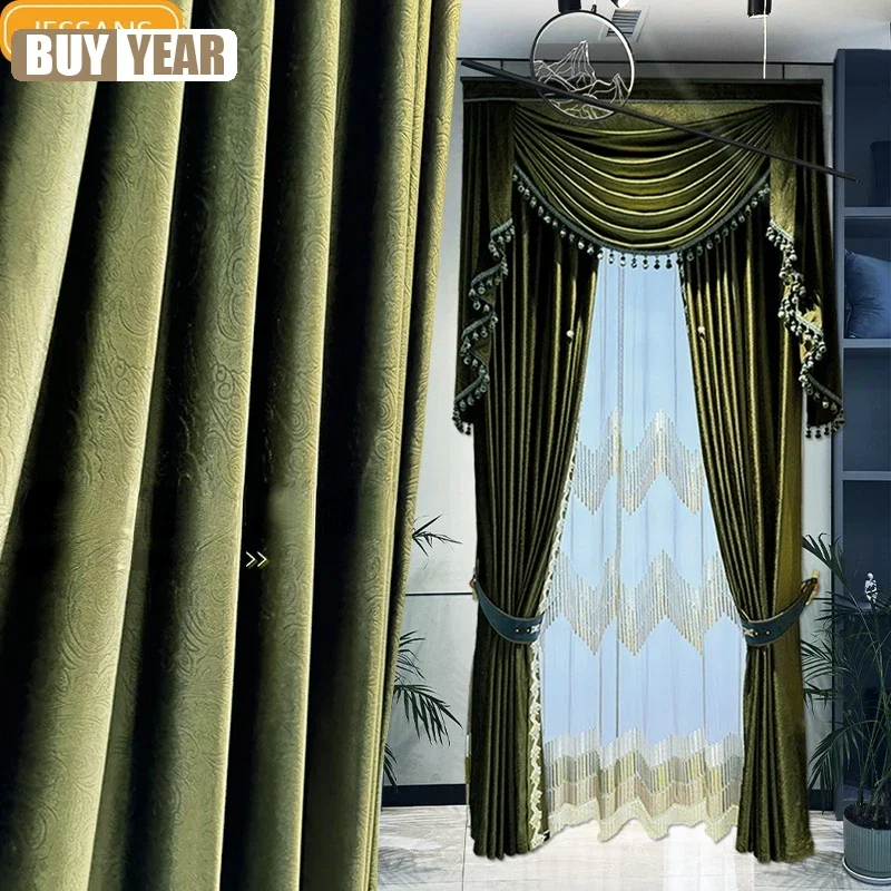 

Customized High-grade Dark Green Velvet Carved Curtains For Bedroom Living Room French Window Balcony Finished Products Valance