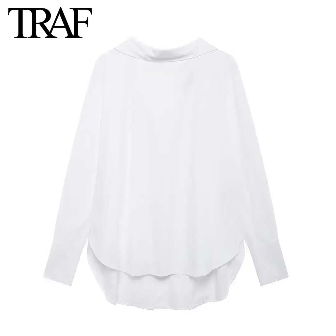 TRAF Women Fashion Autumn New Poplin White Long Sleeve Single Breasted Lapel Blouse Street Clothing Shirt Chic Ladies Top