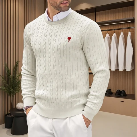 Luxury brand men's knitted round neck pullover sweater heart embroidery men's 2026 spring and autumn new fashion casual sweater