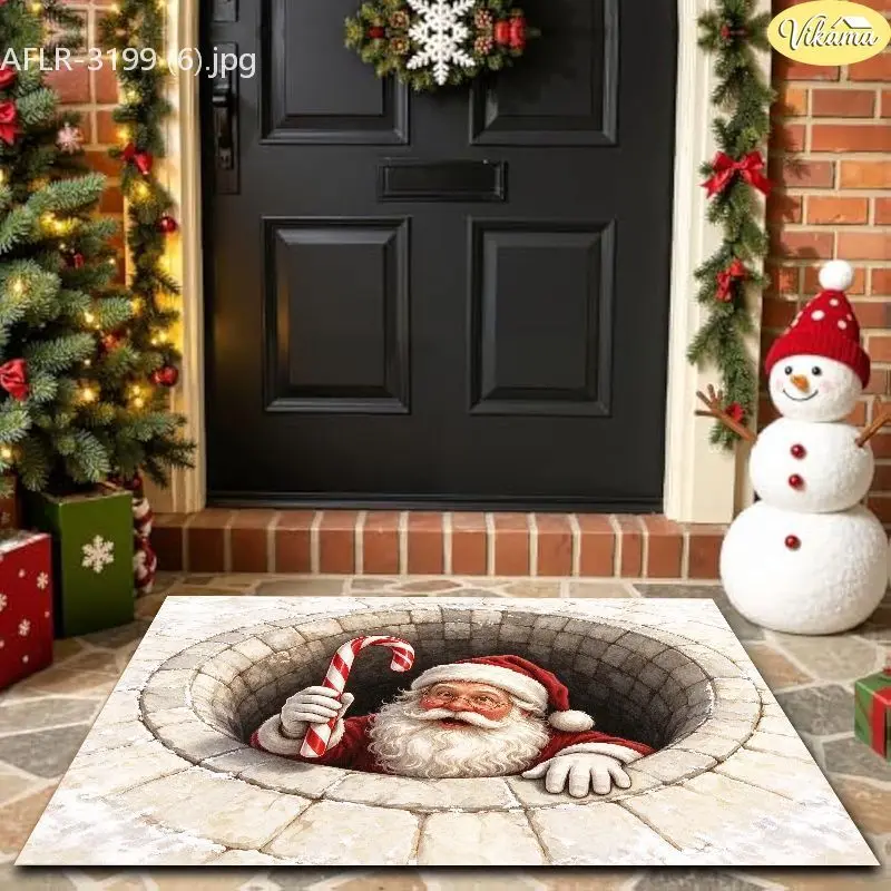 VIKAMA Linen Deer Pine Needle Entryway Rug Non Slip Low Profile Mats for Outside Front Door Xmas Winter Decor Washable