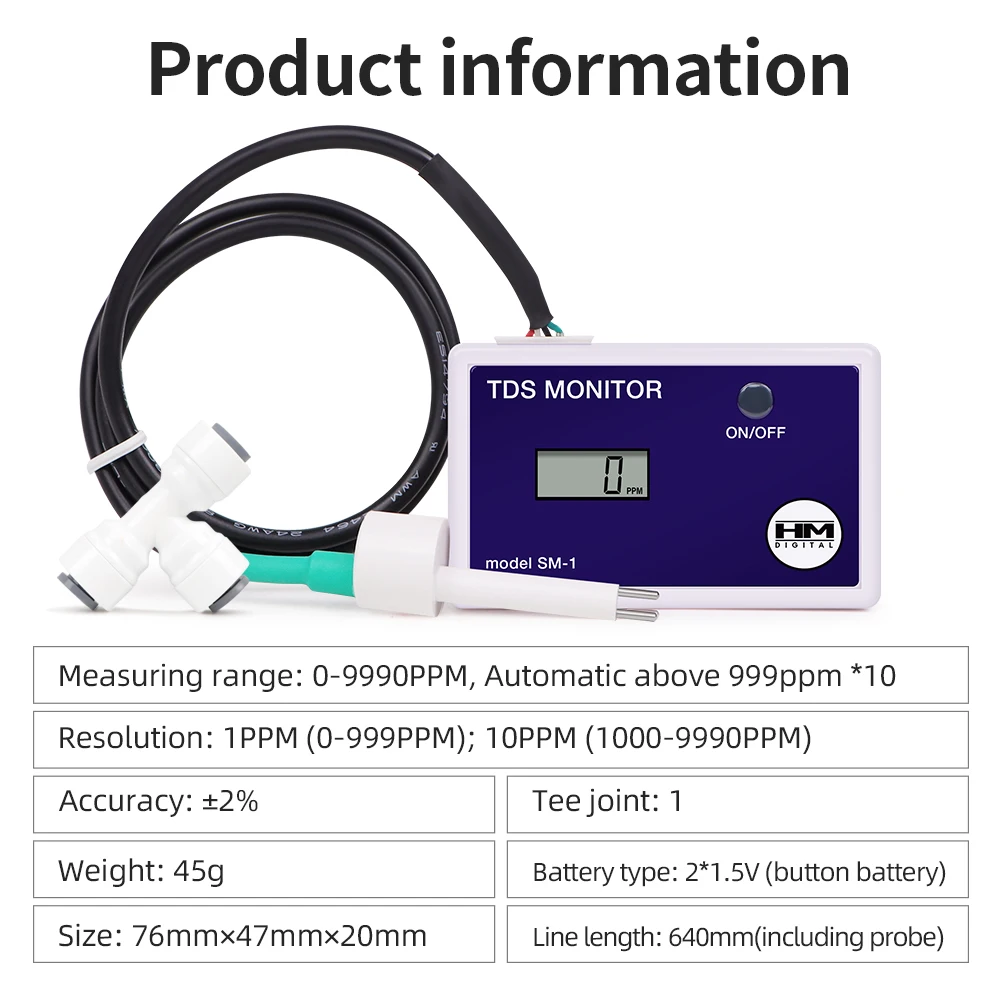 HM Digital TDS Tester LCD Online Water Quality Meter 0-9990PPM Detection Water TDS Monitor Inlet Outlet Test for Pool Laboratory