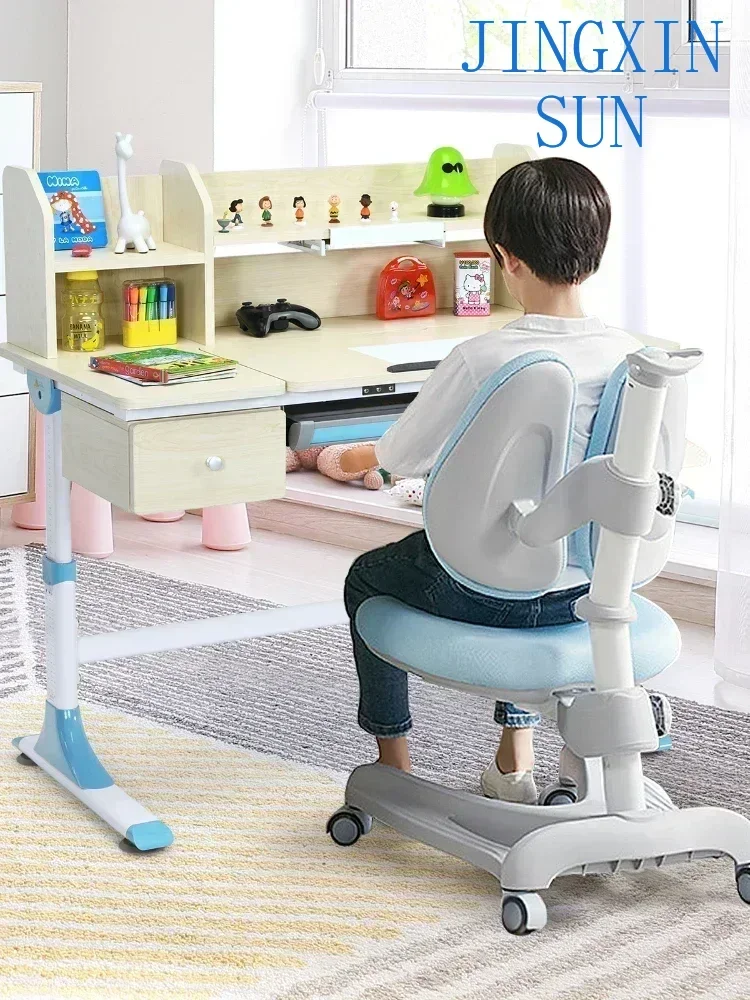 Honeyjoy Adjustable Height Kids Study Desk Drafting Table w/Bookshelf&Hutch Blue HW67588BL