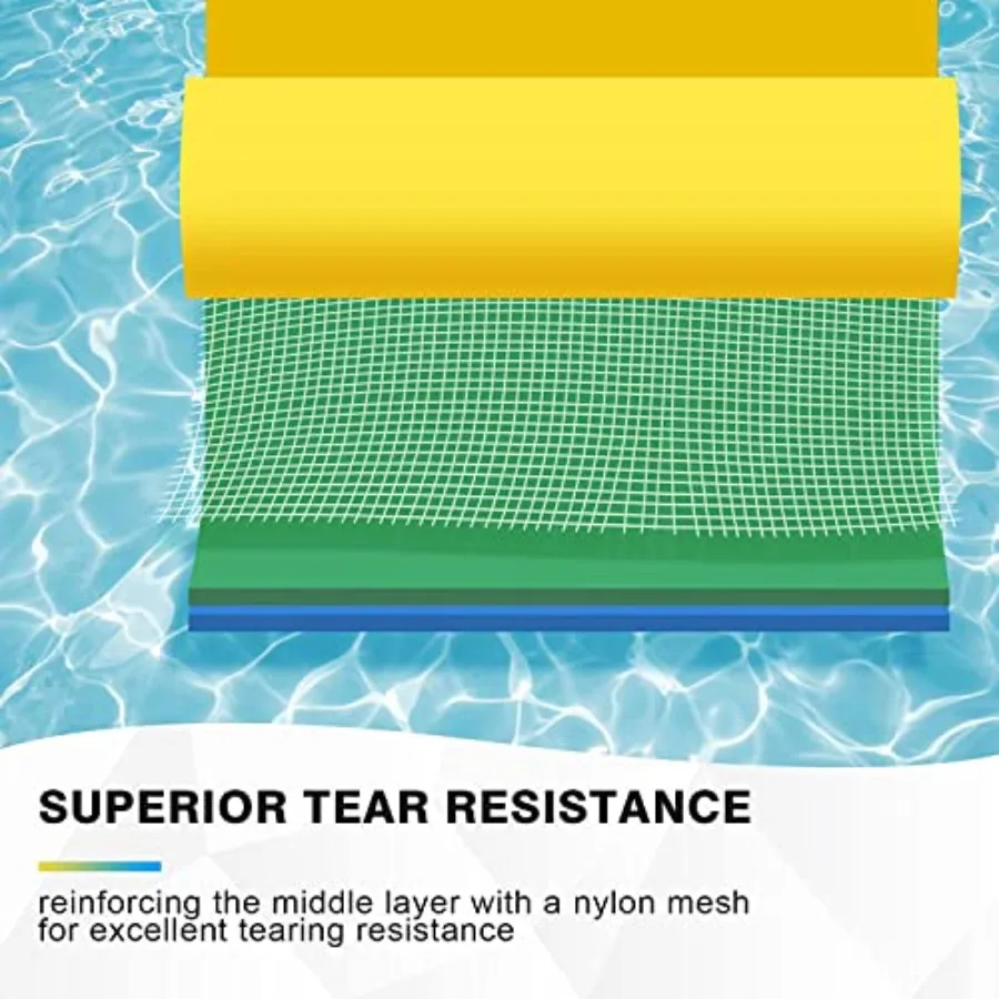 Floating water mat for lake beach ocean pool use, 3-layer tear-resistant XPE foam, blue, 9 x 4 ft with 16.4 ft elastic bungee t