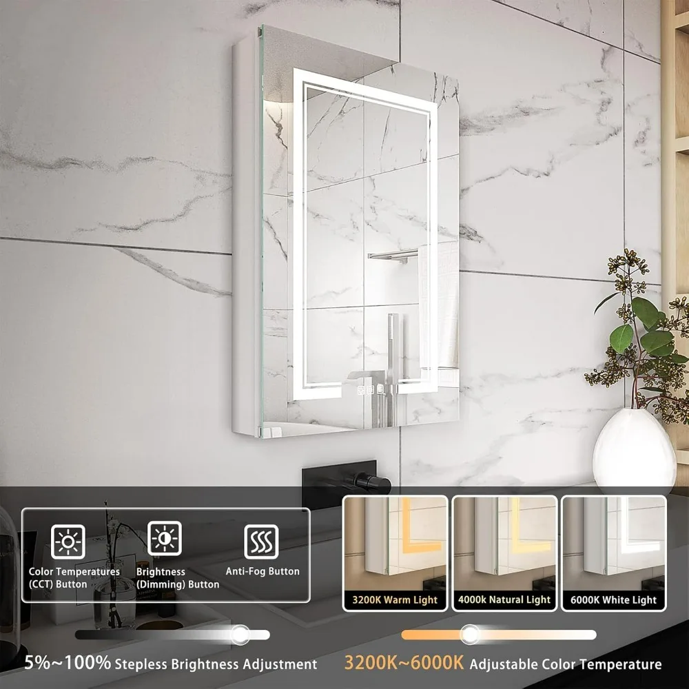 Bathroom Mirrors Defogger Miroir Stepless Dimming&Temps Led Mirror 2 Adjustable Shelves Left Hinges Inner Light Miror Decorative