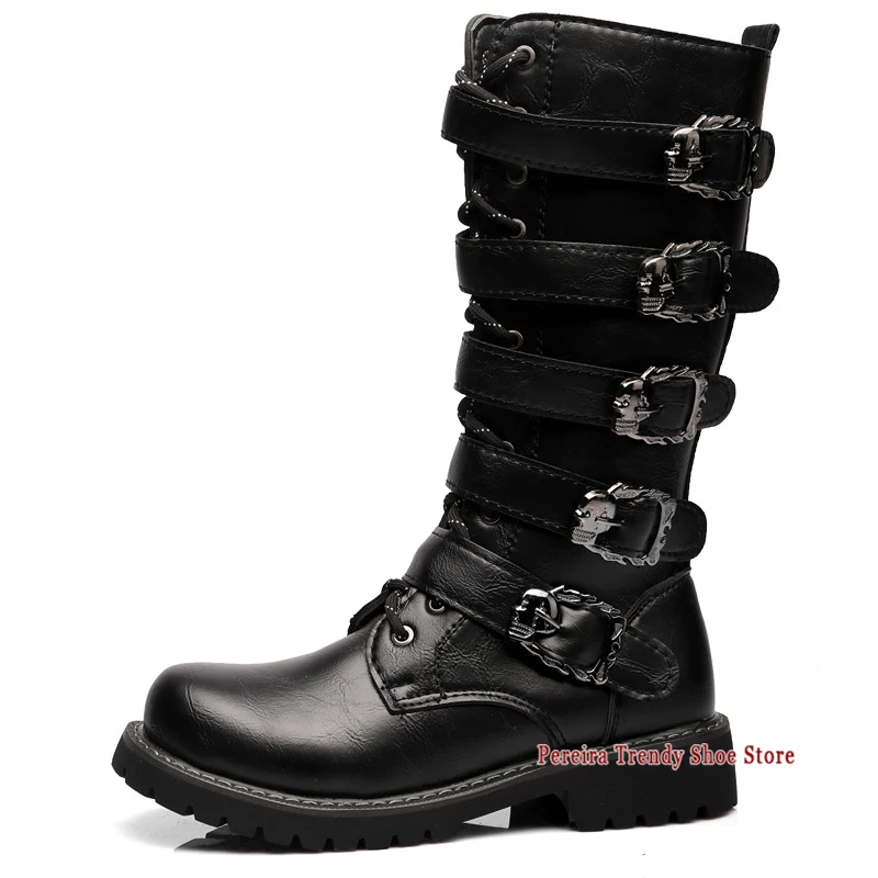 Men's Round Toe Thick Soled Knee High Boots Skeleton Belt Buckle Side Zipper Knight Boots Autumn Winter Leather High Top Shoes