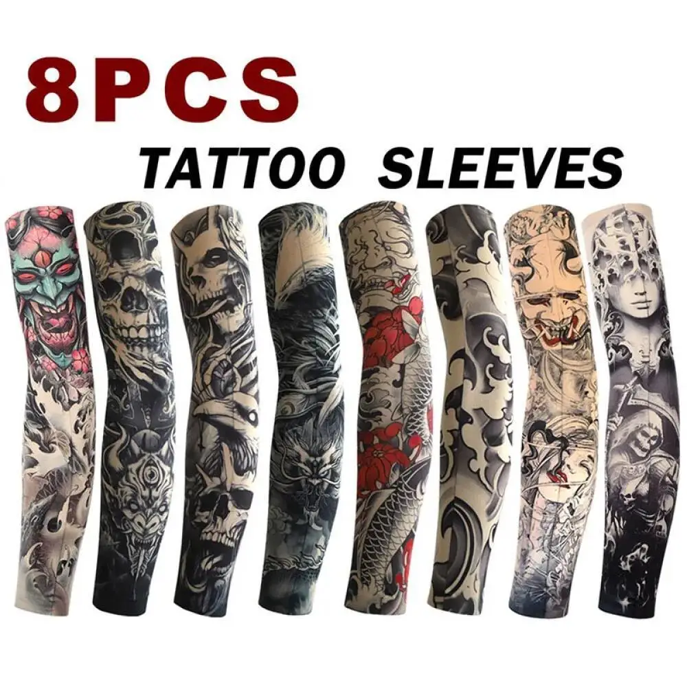 

8pcs Men Long Summer Tattoo Sleeves Seamless Armguard Sun Protection Cover Outdoor Gloves Driving Ice Silk Women Arm Sleeves
