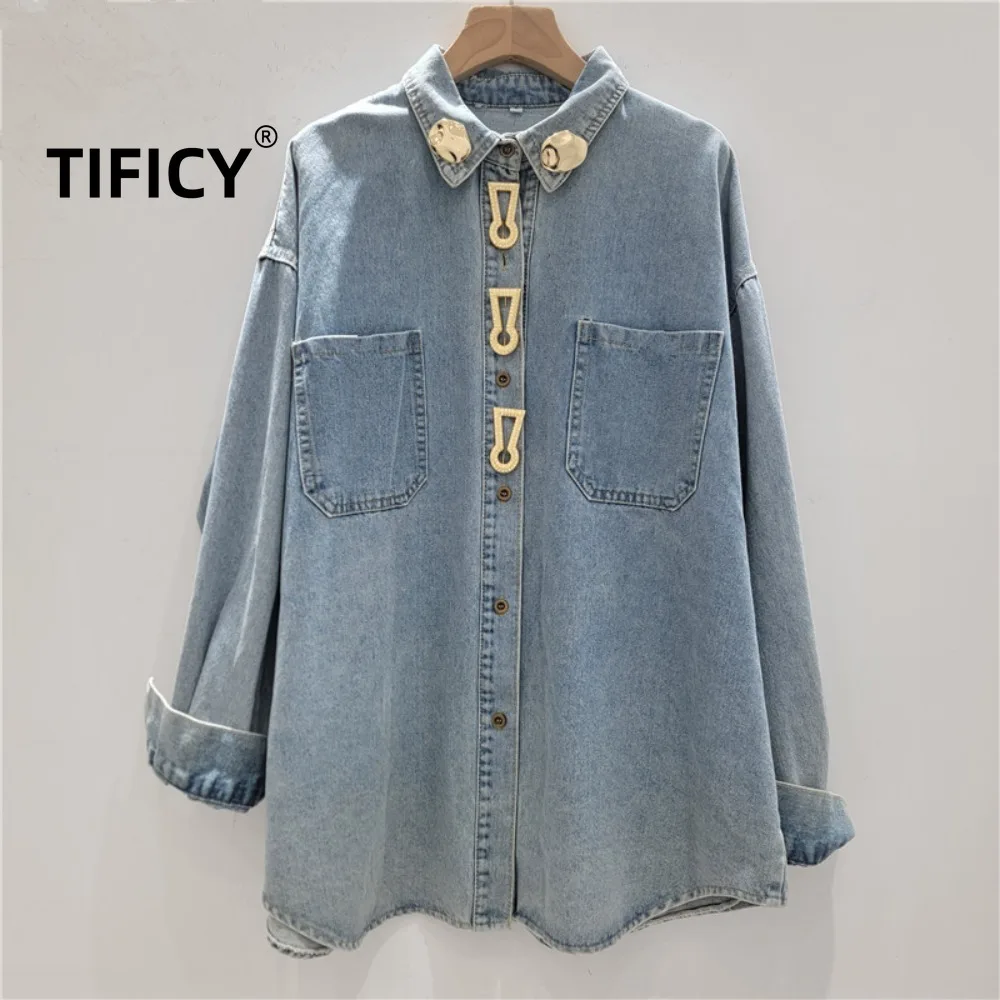 High Street Jeans Shirts Spring New Long Sleeved Denim Shirt Women's Loose and Versatile Denim Jacket Top Coat