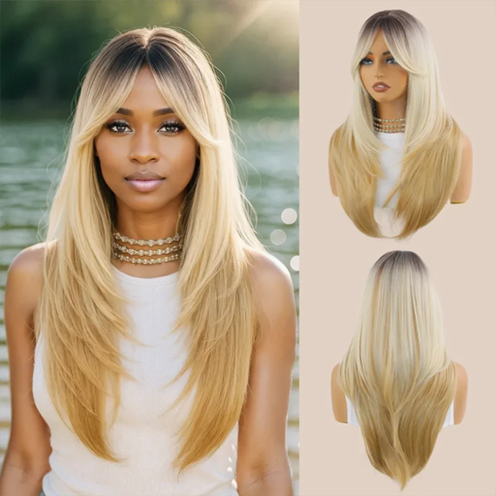 Parrucca sintetica ondulata/capelli lisci Ombre marrone dorato di alto livello, soffice e resistente al calore, adatta per le feste quotidiane delle donne