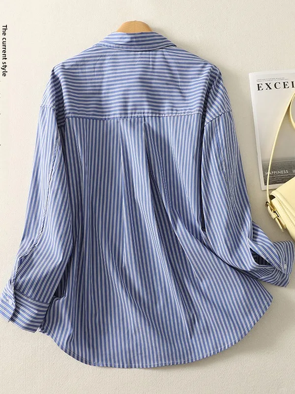 Lâche décontracté rayé irt grande taille femmes simple bouton Long Sve col rabattu ouvert Cardigan haut printemps Faion