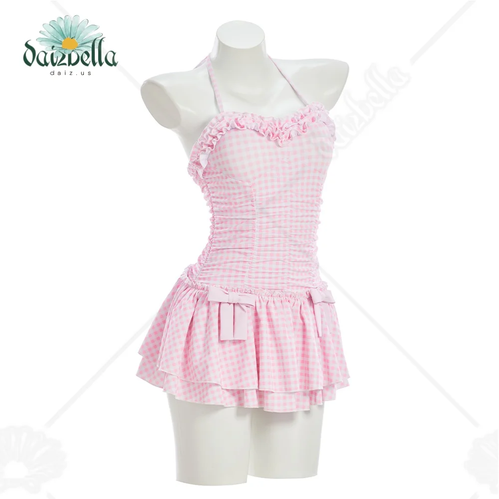 Daizbella Women's Pink One Piece Swimsuits 50'S Vintage Retro Plaid Ruffle Tummy Control Bathing Suit with Hair Clip