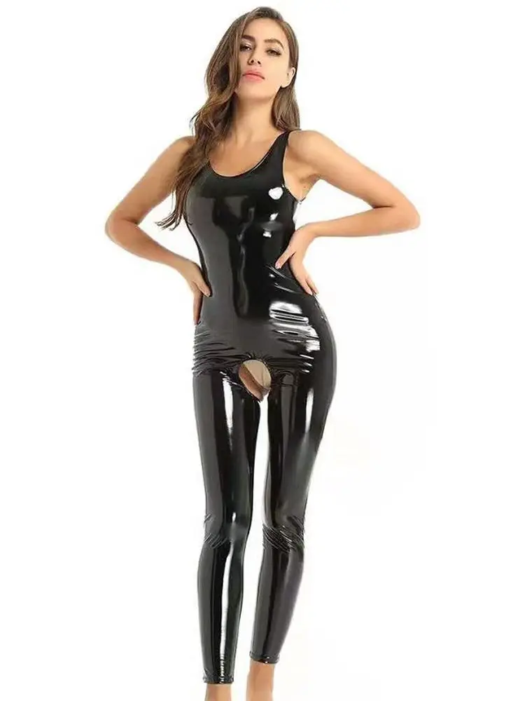 Catsuit de PVC de aspecto húmedo sin mangas para S-5XL, mono de entrepierna abierta de cuero PU brillante, mono ajustado para Cosplay, leotardo Sexy para discoteca