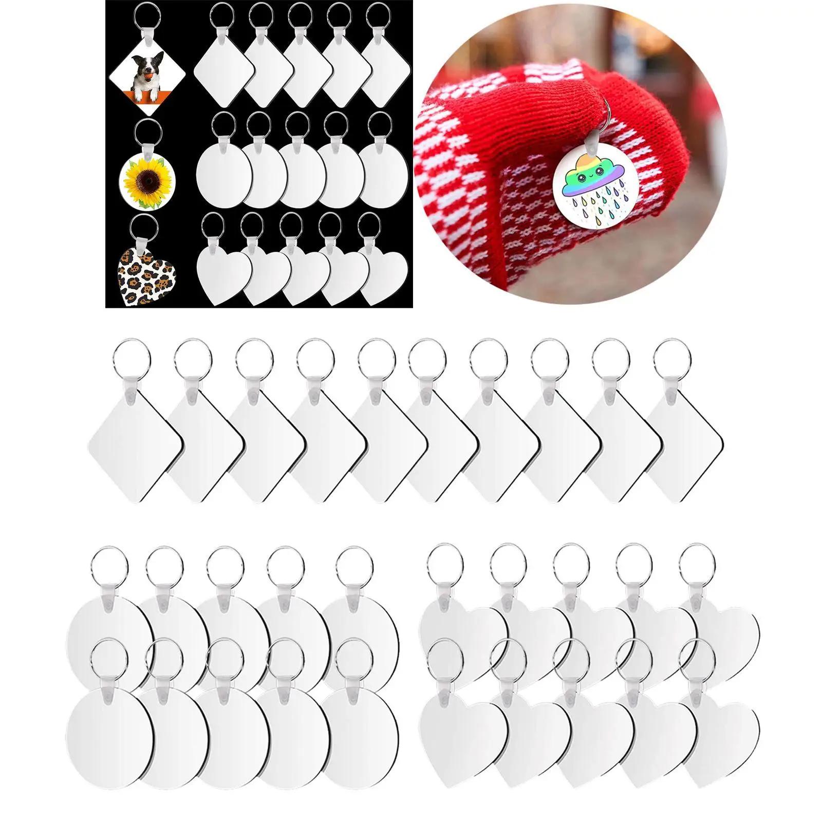 DIY Blank Keychain with Key Rings Sublimation Heat Transfer Keychains 30 Pcs