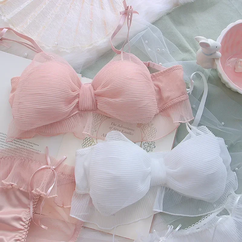 2026 Neues Süßes Lolita-Schleifen-Mesh-BH-Set, Süßer Rüschen-BH ohne Bügel, Bequeme Unterwäsche im japanischen Stil für Mädchen – Detail 1