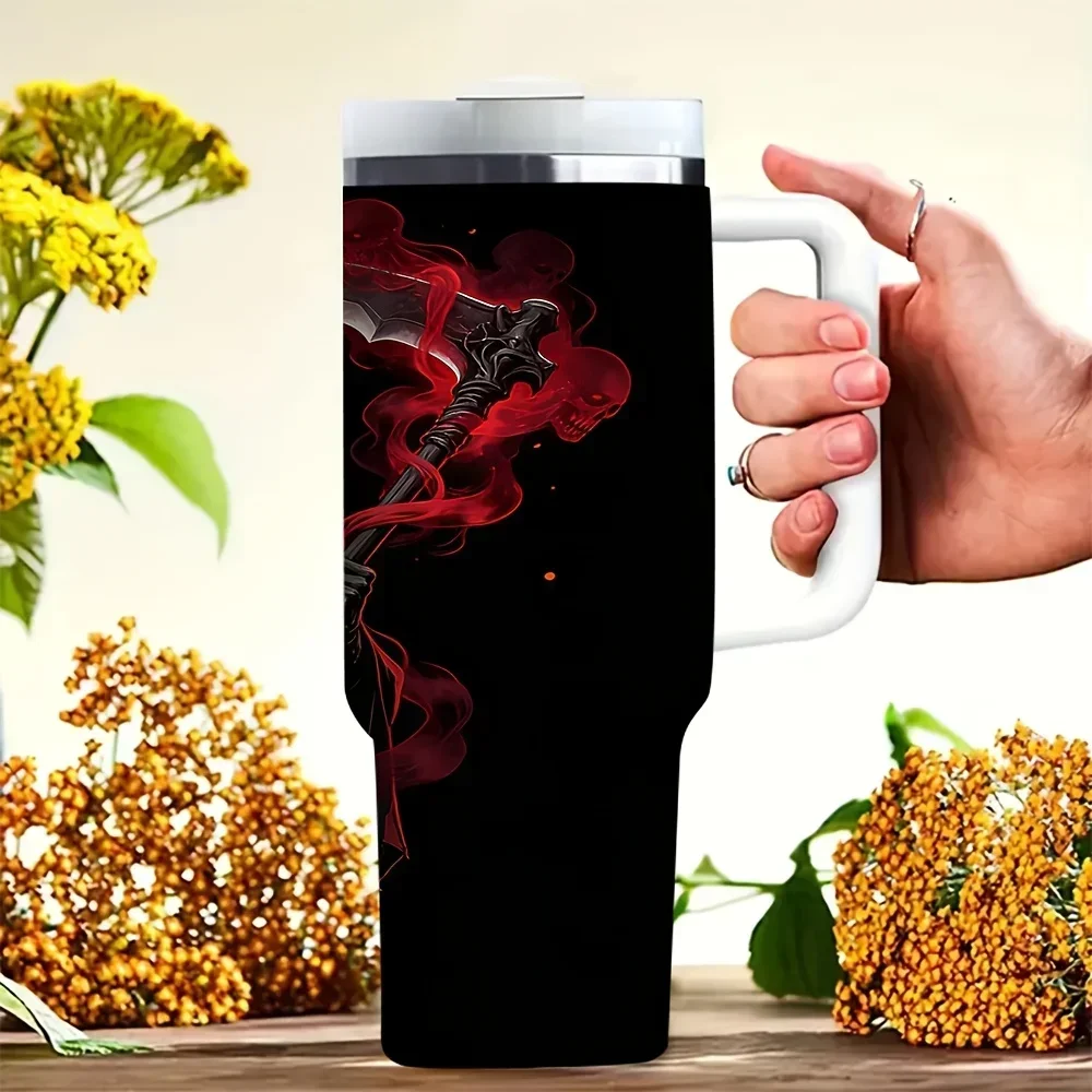 40Oz Grim Reaper Print Tumbler with Handle, Suitable for Horror Style Lovers, Perfect for Daily Use And Outdoor Trips, Works for Both Hot And Cold Drinks for All Occasions