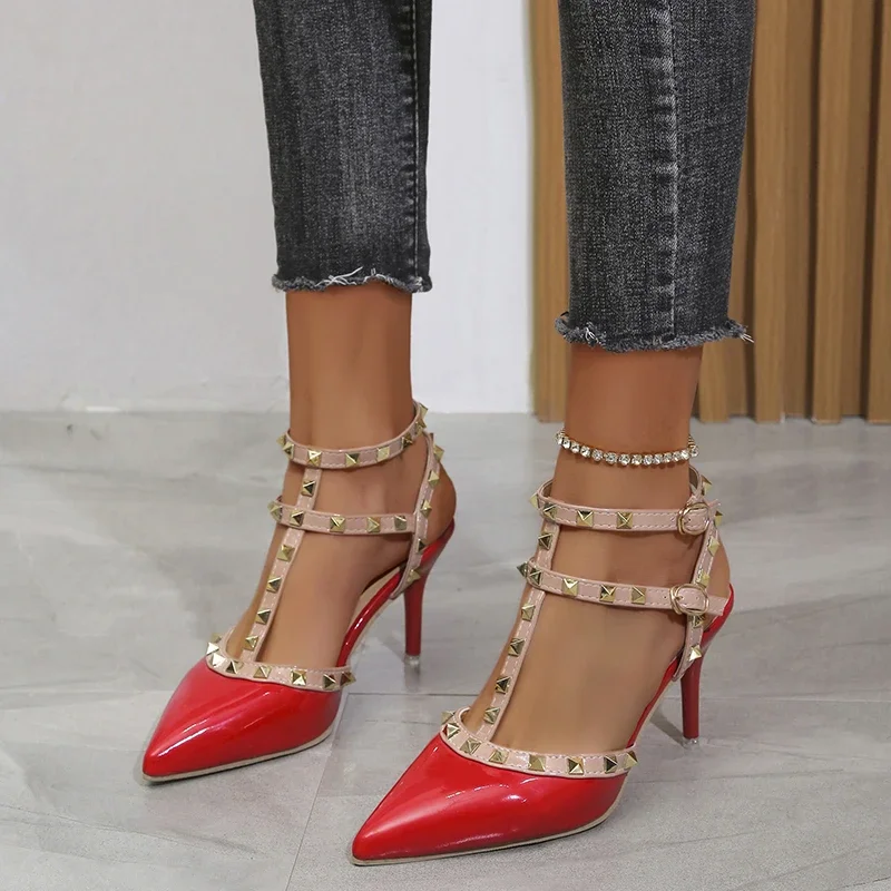 Buty damskie Nity Sandały Damskie letnie grube z cienkimi butami na wysokim obcasie Szpiczaste szpilki Seksowne buty do klubu nocnego