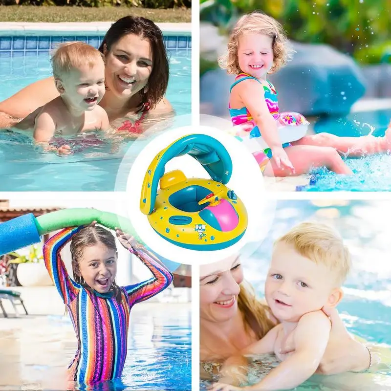 Babyzwemvlotter Opblaasbaar strandspeelgoed voor peuters Babyvlotter met zonwering Luifel en console Stuurwiel voor kinderen buiten