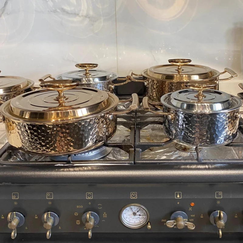 

French Stainless Steel Retro Double Handle Soup Pot High Luxury Cookware for Gas Stove Induction Hob Heat-Resistant Stew Pot Hot