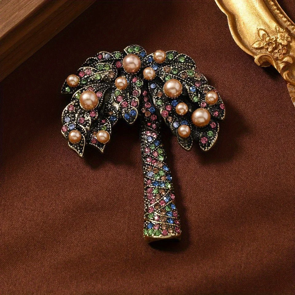 Frauen Männer Mode Kristall Schwere Industrie Kokospalme Brosche Pin Elegante Vintage Dame Pflanze Abzeichen