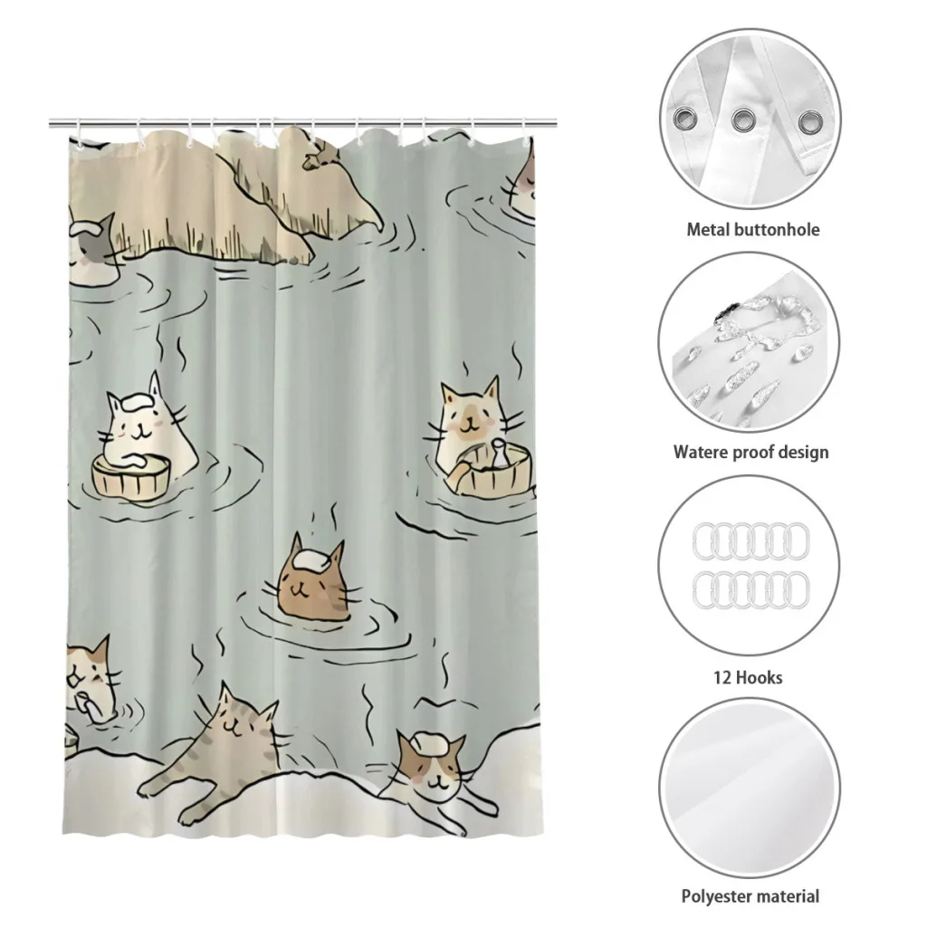 Cat Onsen Bathroom Shower Curtains Waterproof Partition Creative Home Decor Bathroom Accessories