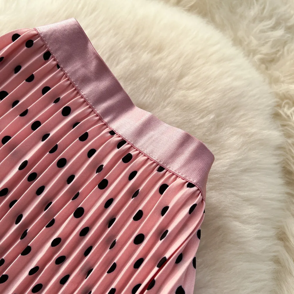 Korean Style Polka Dot Print Pleated A-line Long Skirts Women 2026 Spring Summer High Waist Casual Skirt