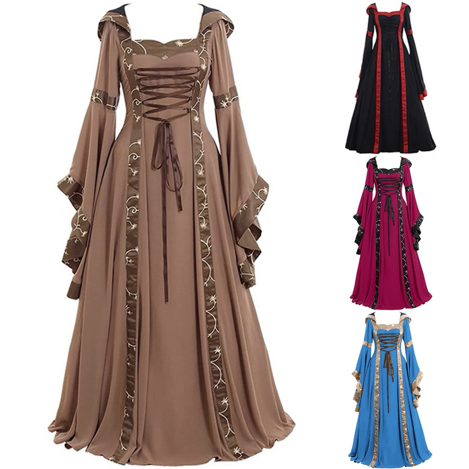 

Square Neck Tie Waist and Trumpet Sleeves Festival Clothing New European and American Costumes Medieval Retro Dress Long Skirt