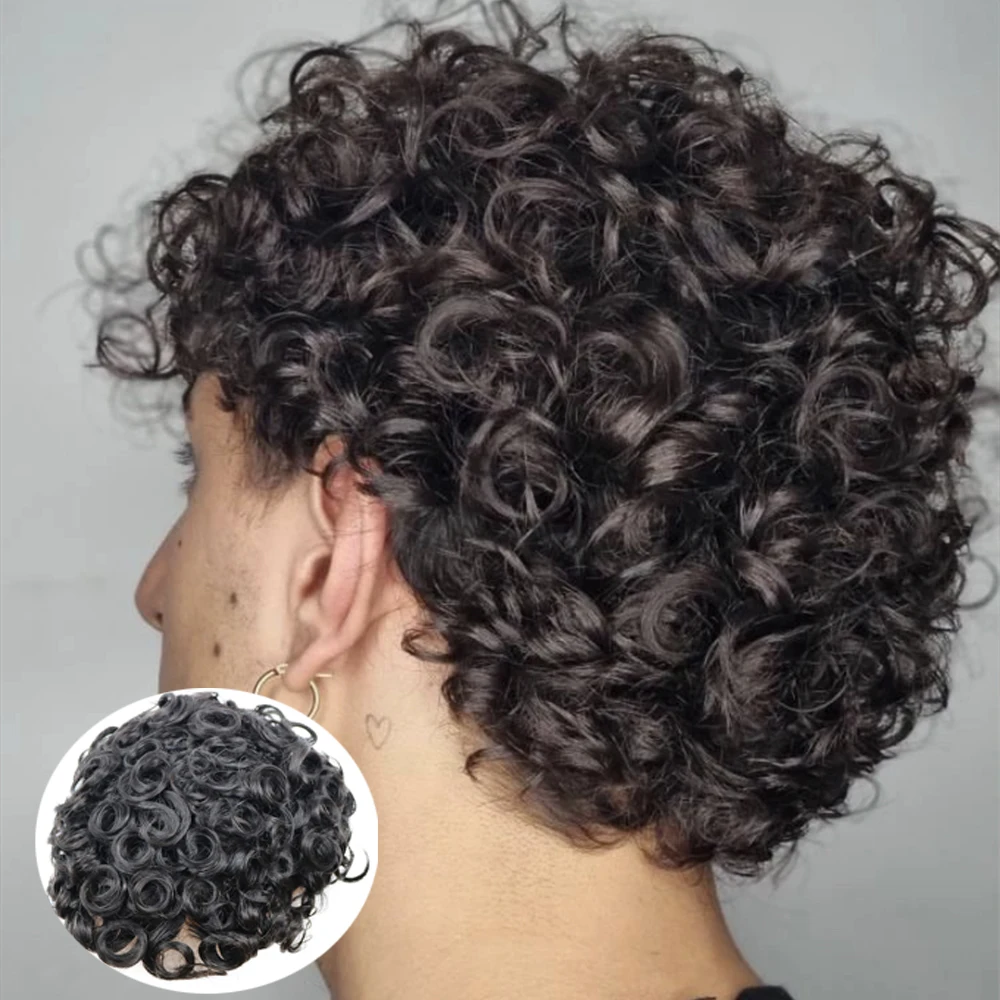 Peruca Curly Super Durável Q6 Men's Toupee, Platina, Loiro, Marrom, Preto, Cabelo Humano, Rendas e Prótese PU, Substituição Exhuast Masculino, 24mm