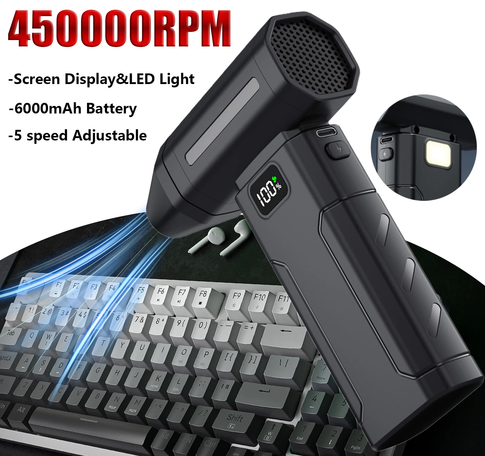

X8 New Dust Blower 450,000RPM High Speed Turbo Violent Fan 5-Speed Handheld Jet Blower with Screen Display for Keyboard Cleaning