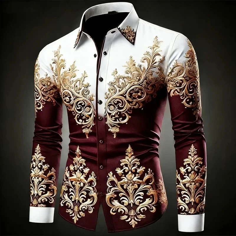 

Luxury men's long sleeved shirt, gold Baroque floral print shirt, men's slim fit long sleeved party ball dress shirt