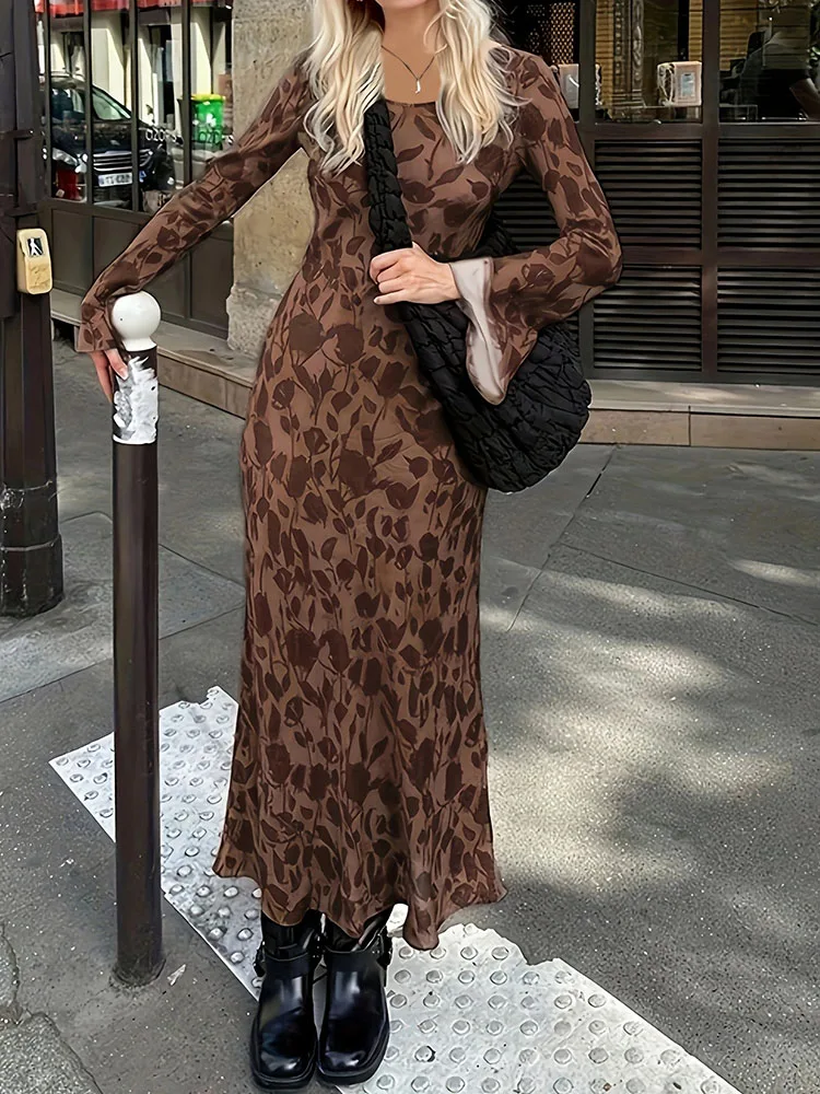 

Vintage Printed Streetwear Casual Maxi Dress for Women Long Flare Sleeve O-neck Night Party Club Bodycon Birthday Dress Vestidos