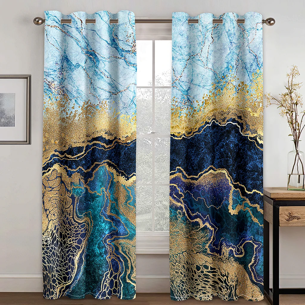 

3D luxury blue marble textured sunshade curtains, a set of 2-piece living room bedroom home decoration curtains