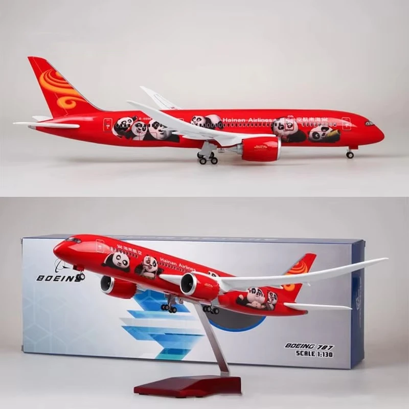43cm Resin Aircraft B787 Hainan Airlines Panda Plane 1:130 Scale Die-Cast Model W Lights & Wheels Collection Home Display Gifts